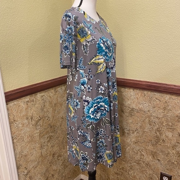 Loft NWT Outlet Size Medium Stretchy Dress Gray Teal Yellow Flowers Floral New - Picture 3 of 7